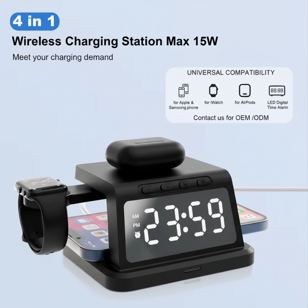 Digital Alarm Clock Wireless Charger – 3W/5W/7.5W/10W Multifunction Charger