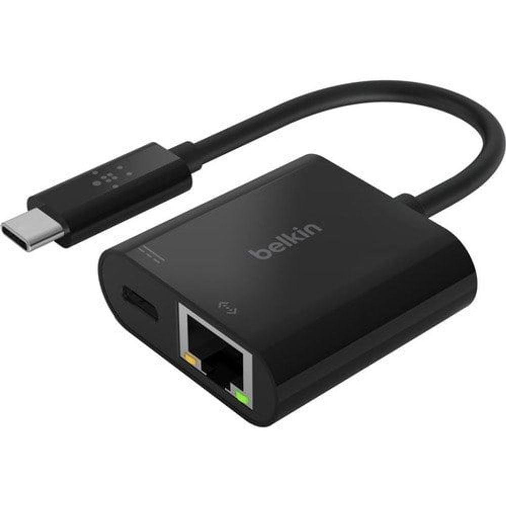 INC001BTBK - Belkin USB-C to Ethernet + Charge Adapter - 1 x Type C USB Male - 1 x RJ-45 Network Female, 1 x Type C USB Female - Black