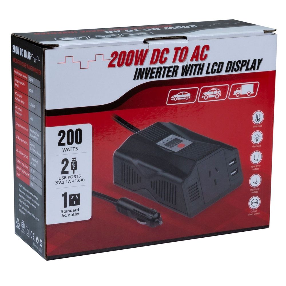 DYNAMIX 200W Power Inverter DC to AC. Input: 12V DC, Output: 230V AC