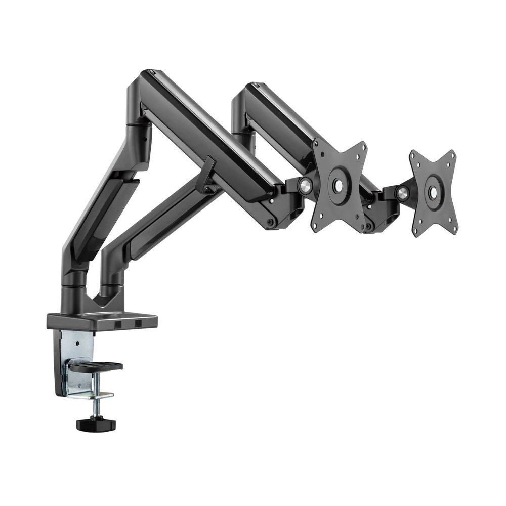 BRATECK 17''-32'' Polished Aluminium Gas-Spring Desk Mount Duel Monitor Arm. Supports VESA up to 100x100