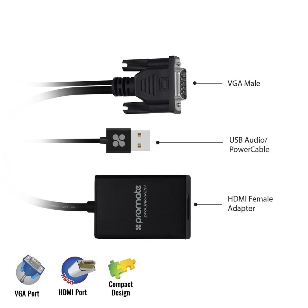 PROMATE VGA (Male) to HDMI (Female) Display Adaptor Kit with Audio.