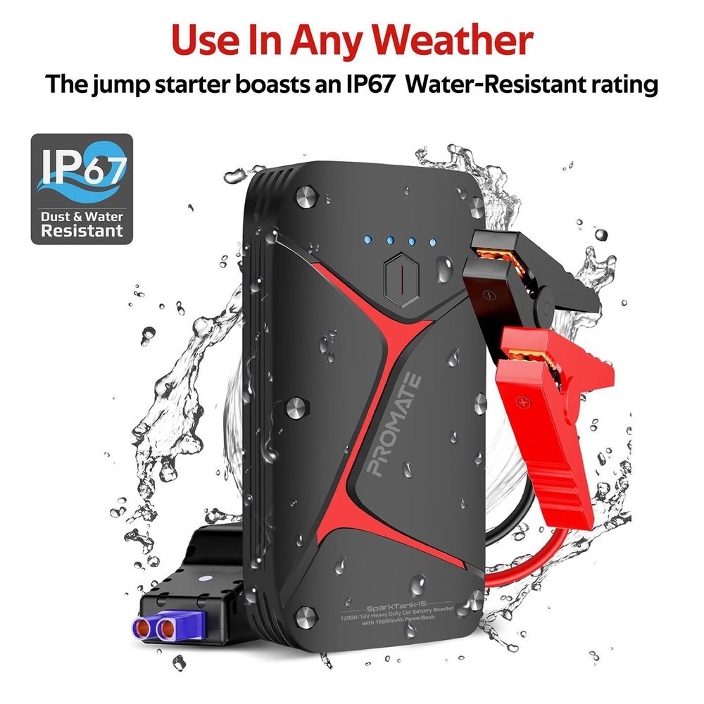 PROMATE 12V IP67 Car Jump Starter with Built-in 16000mAh Powerbank.