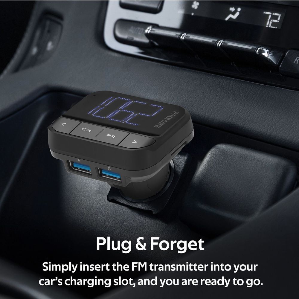 PROMATE Wireless In-Car FM Transmitter with Dual USB-A ports.