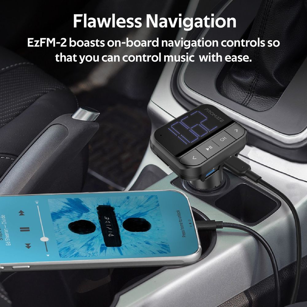 PROMATE Wireless In-Car FM Transmitter with Dual USB-A ports.