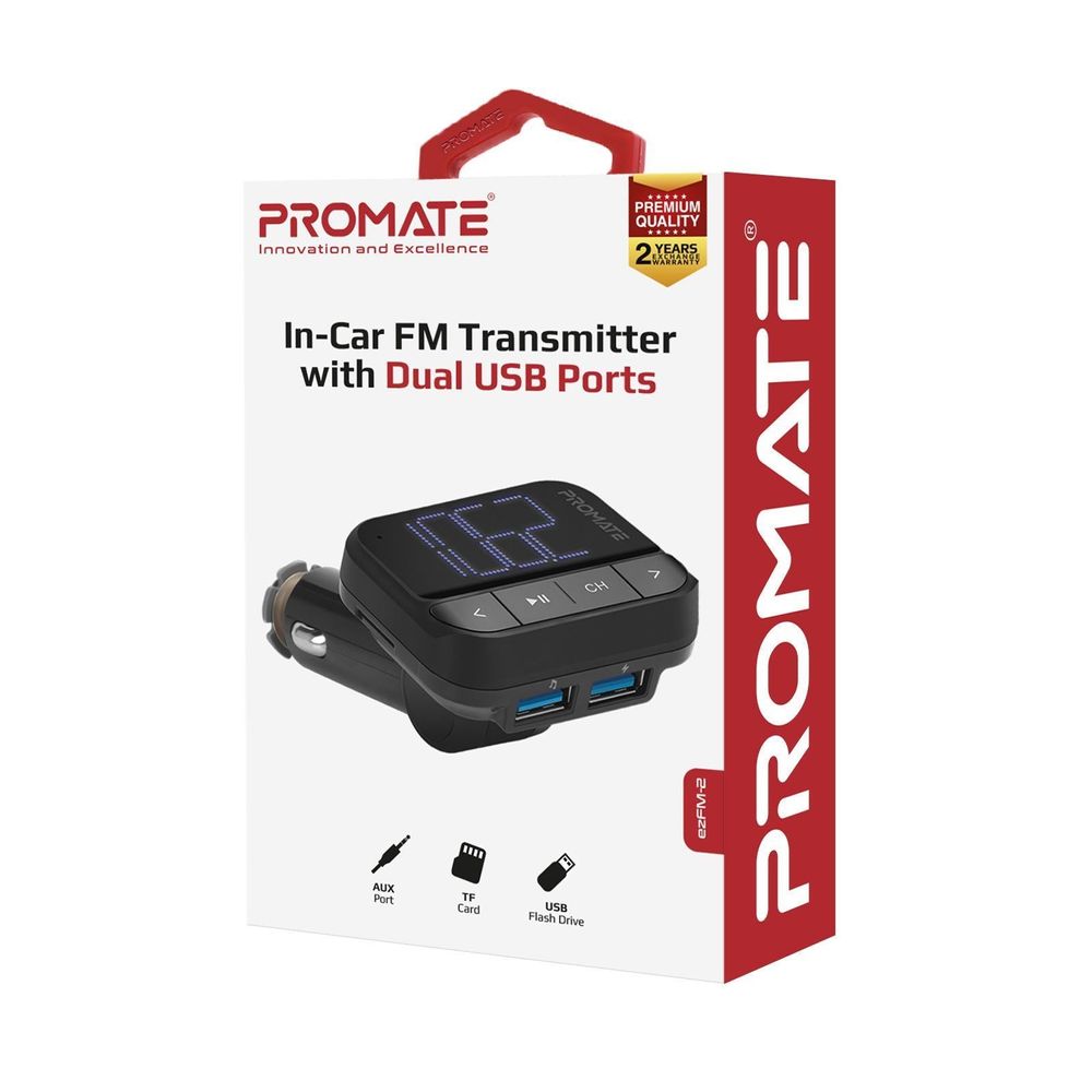 PROMATE Wireless In-Car FM Transmitter with Dual USB-A ports.