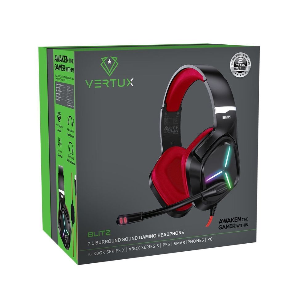 VERTUX 7.1 Surround Sound Gaming Headphone with Noise Isolating. Black or Red