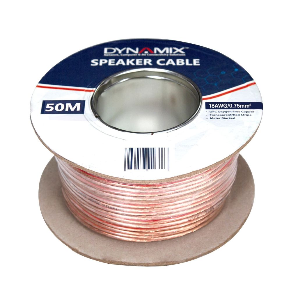 18AWG/0.75mm PVC Speaker Cable, Bare Copper, Metre Marked 0.75mm Speaker Cable Clear PVC - 50m