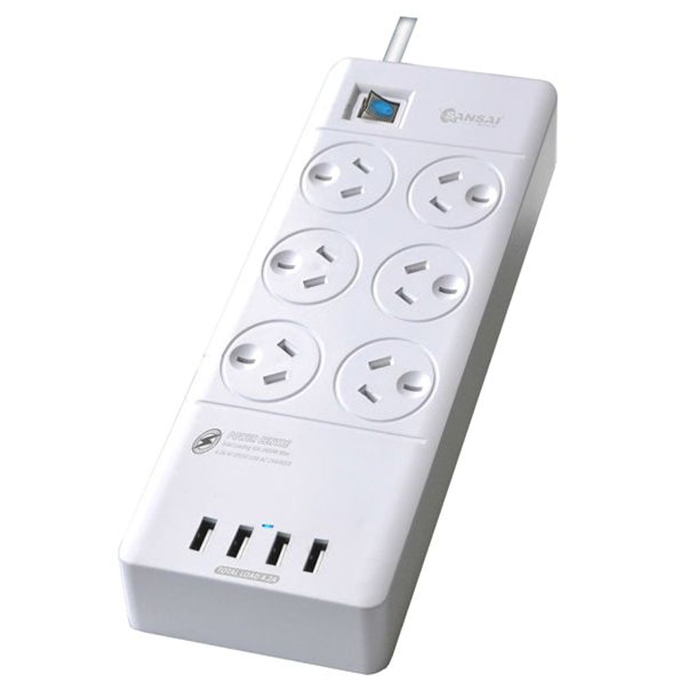 Sansai 6 Way Surge Powerboard with 4x USB Ports