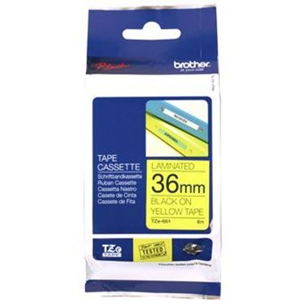 Brother TZe Black on Yellow Tape Labels 36mm x 8m