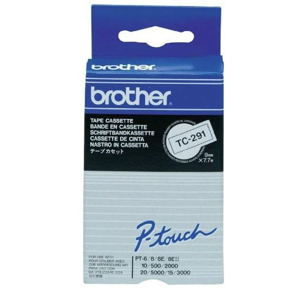 Brother TC-291 9mm x 8m Black on White Label Tape