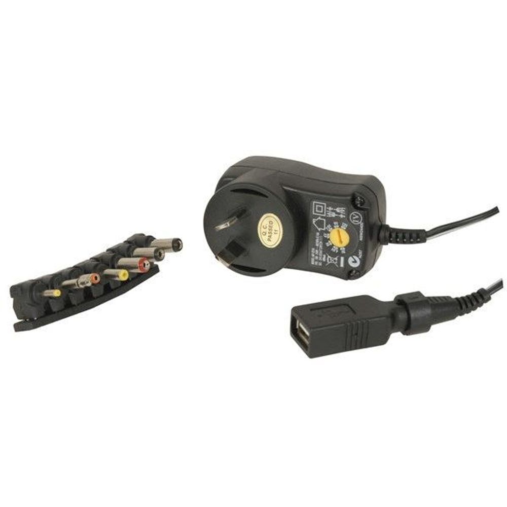 MP3310 - 3-12V DC 7.2W Power Supply 7DC Plugs and USB Outlet