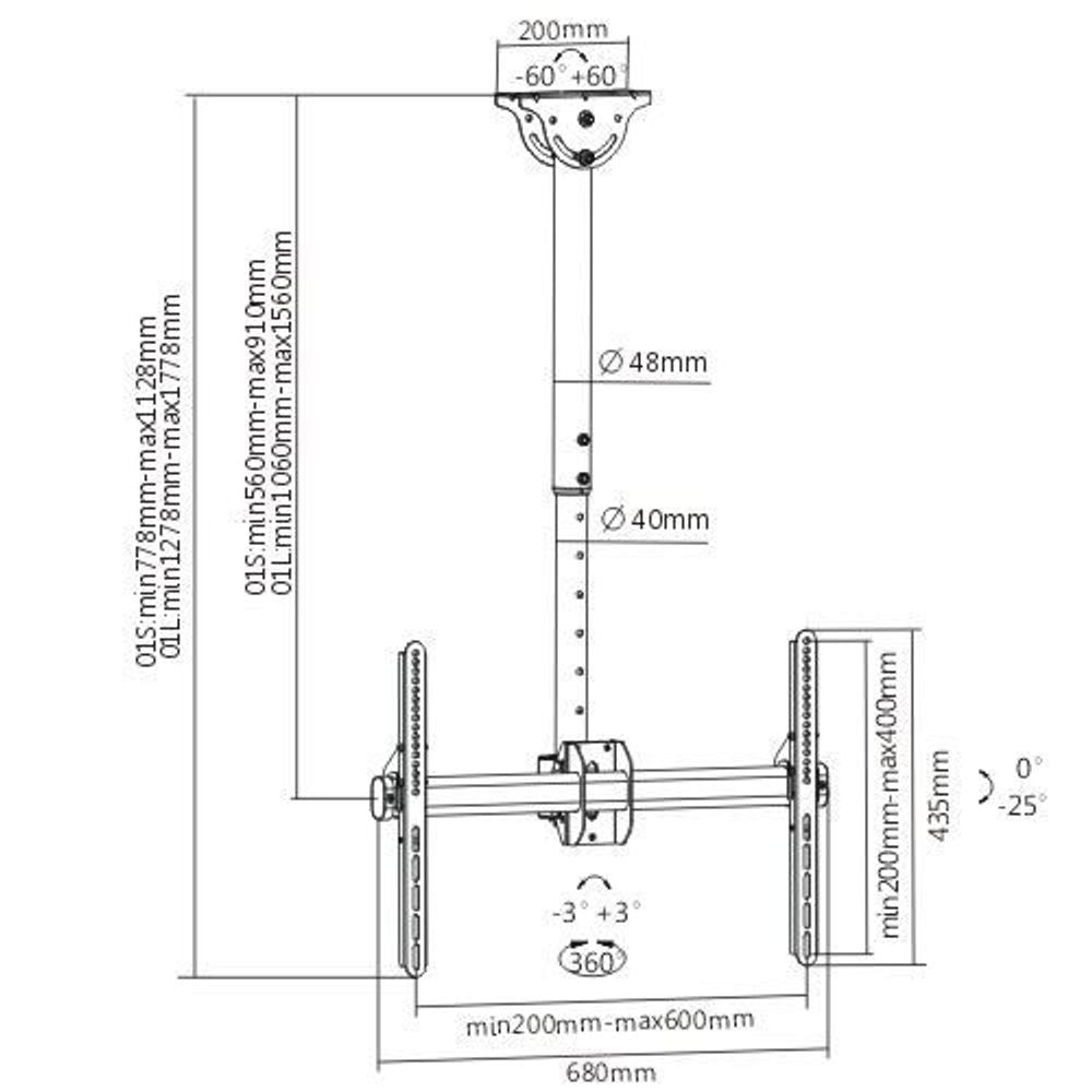 BRATECK 37''-70'' Ceiling Mount Bracket. Max Load: 50Kgs. VESA support up to: 600x400. Profile: 1060-1560mm