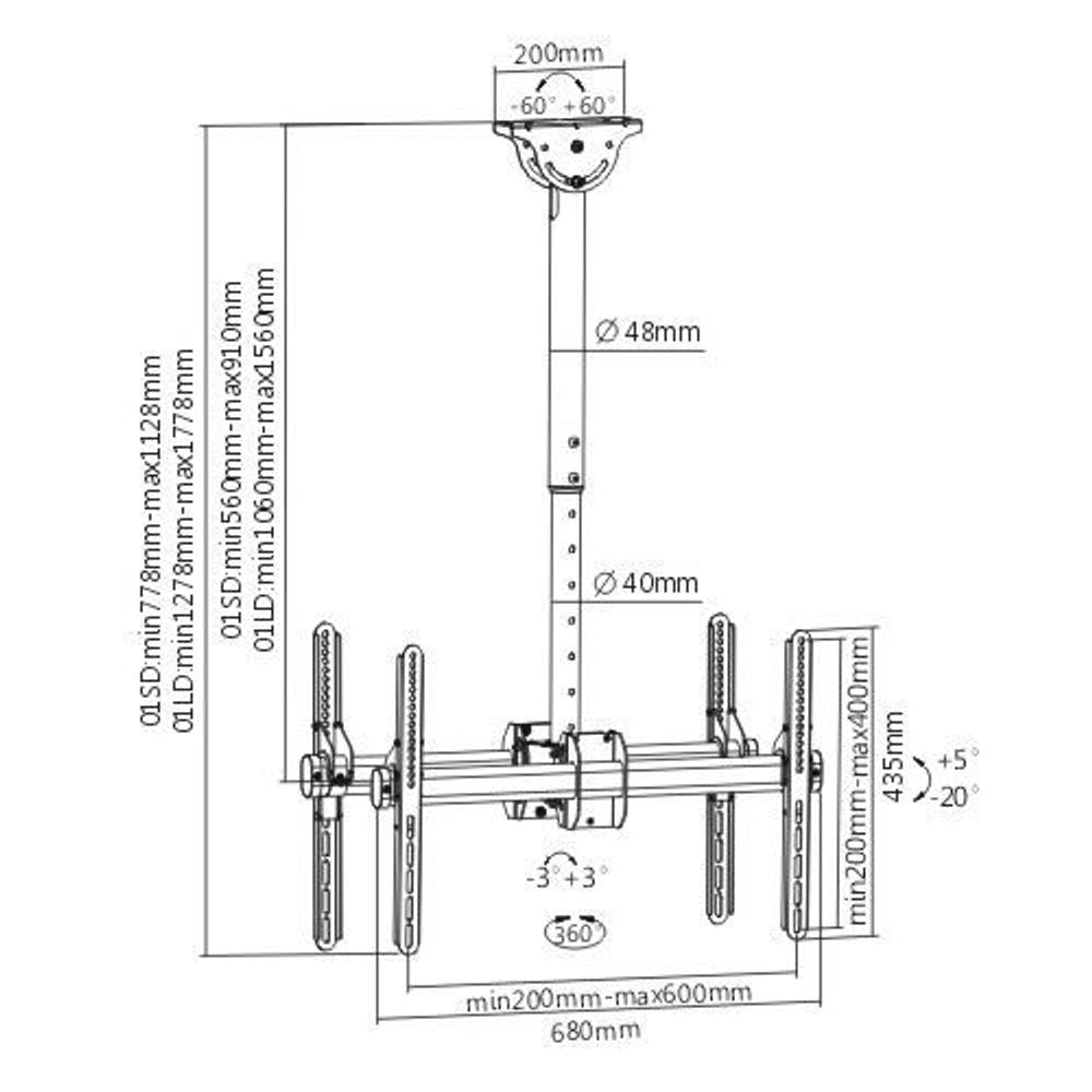 BRATECK 37''-75'' Dual ceiling mount bracket for TV & commercial signage MAX weight 90Kgs