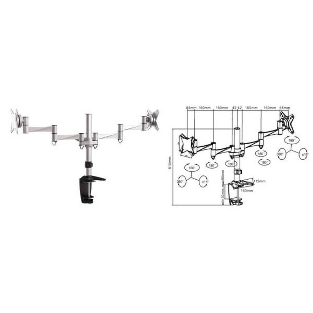 BRATECK 13"-27" Dual Monitor Desk Mount. Max Load: 8kg per Arm. Extend, Tilt and Swivel.