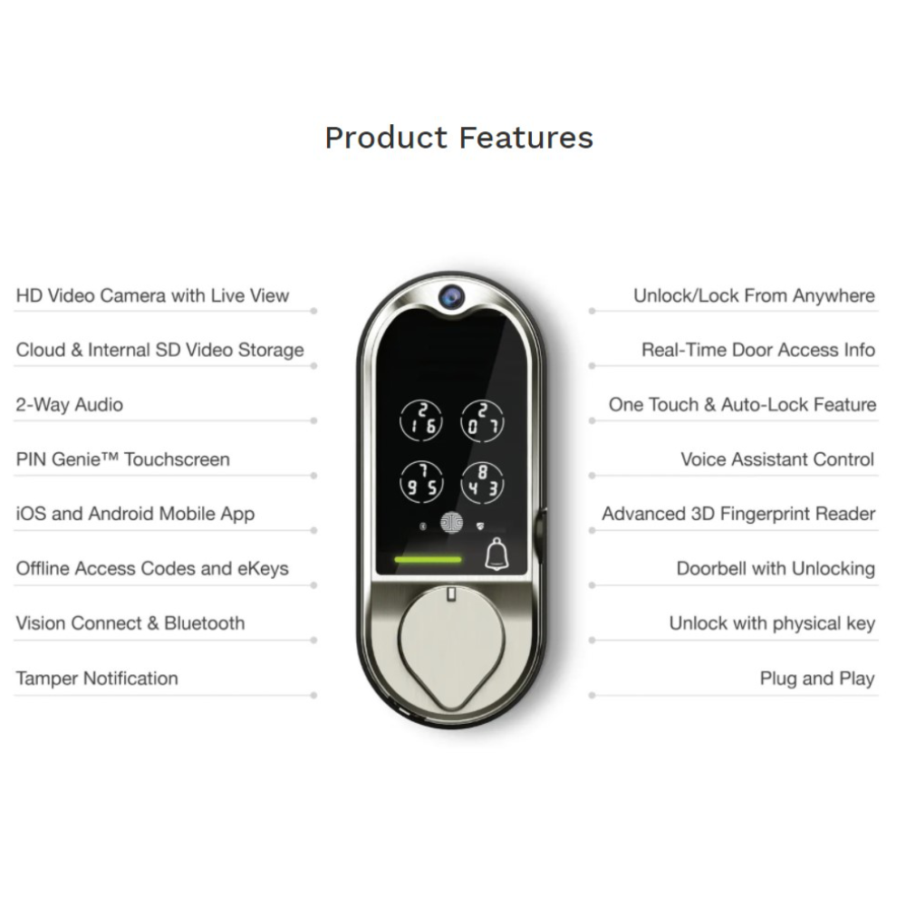 Lockly PGD798 SN - Vision Smart Deadbolt Lock + Video Doorbell - Saturn Nickel