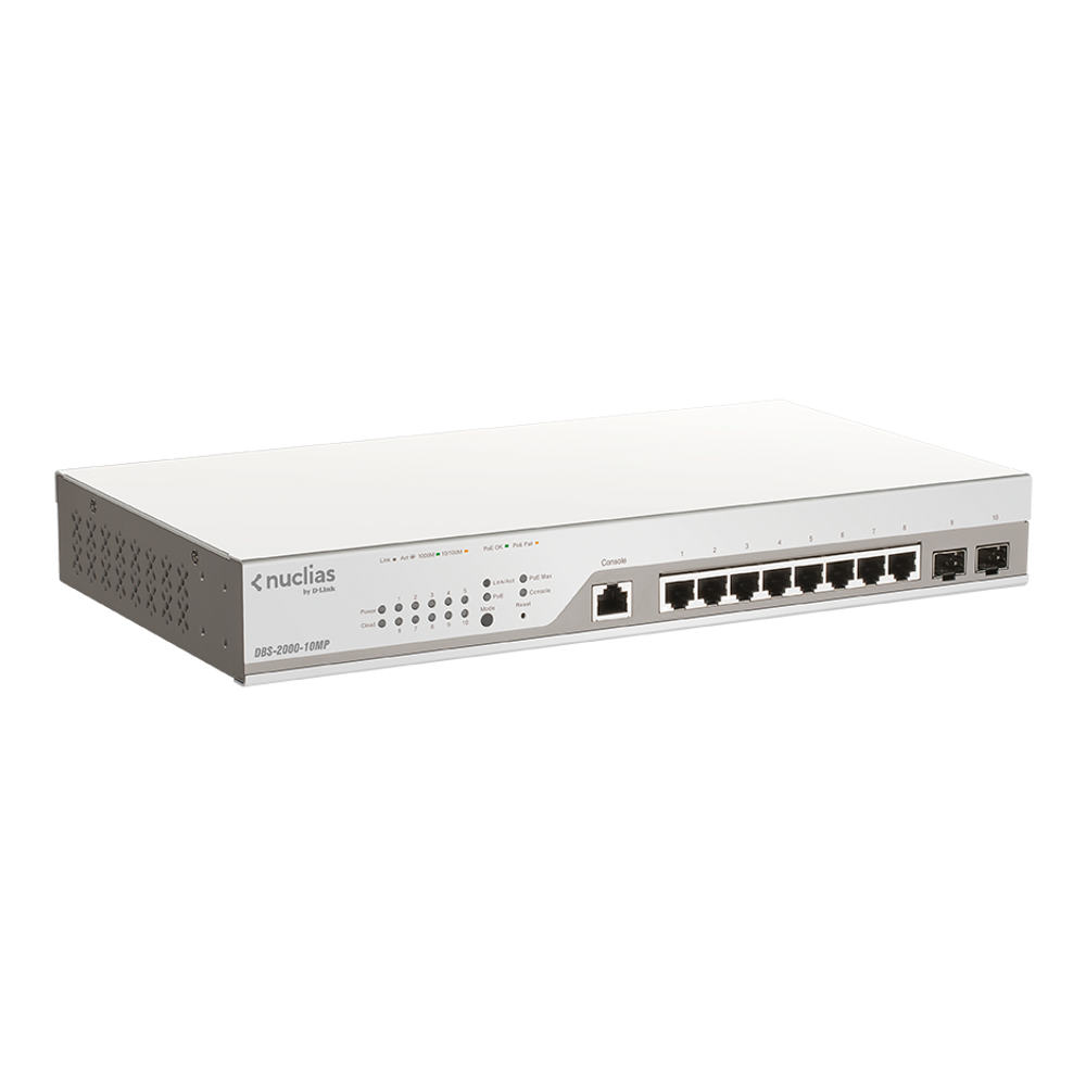 D-Link DBS-2000-10MP 10-Port Gigabit Nuclias Cloud Managed PoE Switch with 8 PoE RJ45 And 2 SFP Ports. PoE Budget 130 Watts.