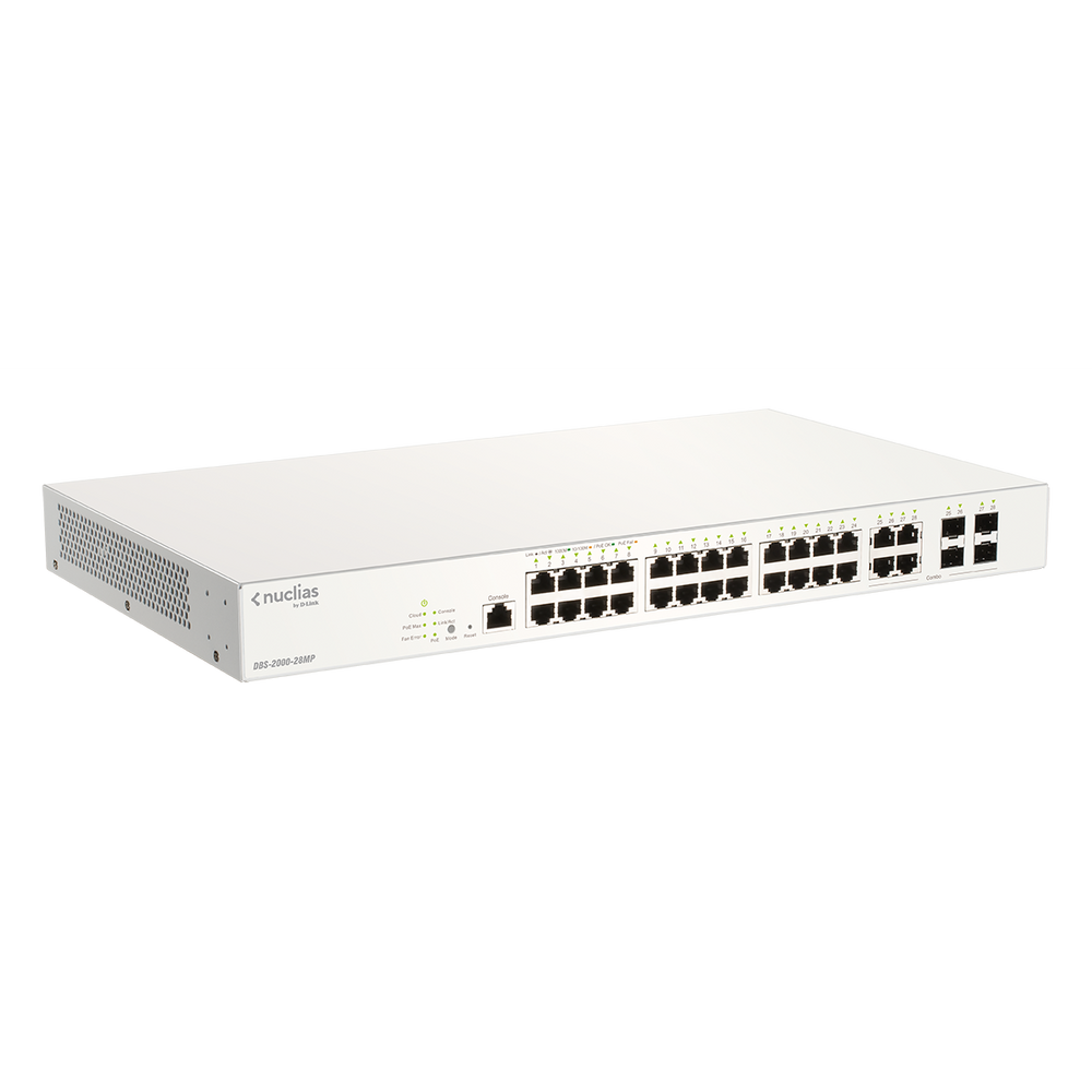 D-Link DBS-2000-28MP 28-Port Gigabit Nuclias Cloud Managed PoE Switch with 28 Rj45 (24 PoE) And 4 Combo Sfp Ports. PoE Budget 370 Watts.