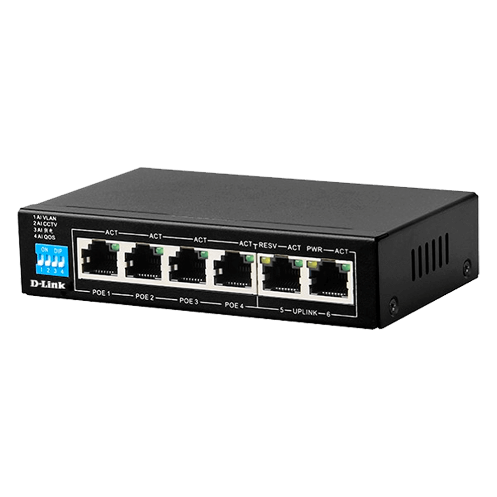 D-Link DES-F1006P-E 6-Port 10/100mbps PoE Switch with 4 Long Reach PoE Ports And 2 Uplink Ports. PoE Budget 60w.