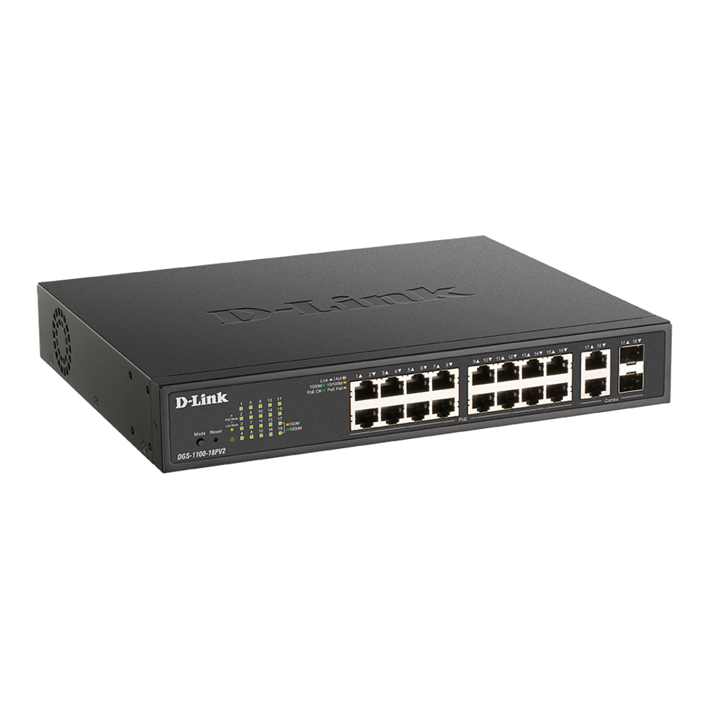 D-Link DGS-1100-18PV2 18-Port Gigabit Smart Managed Switch with 16 PoE+ And 2 Combo Rj45/Sfp Ports. PoE Budget 130w.